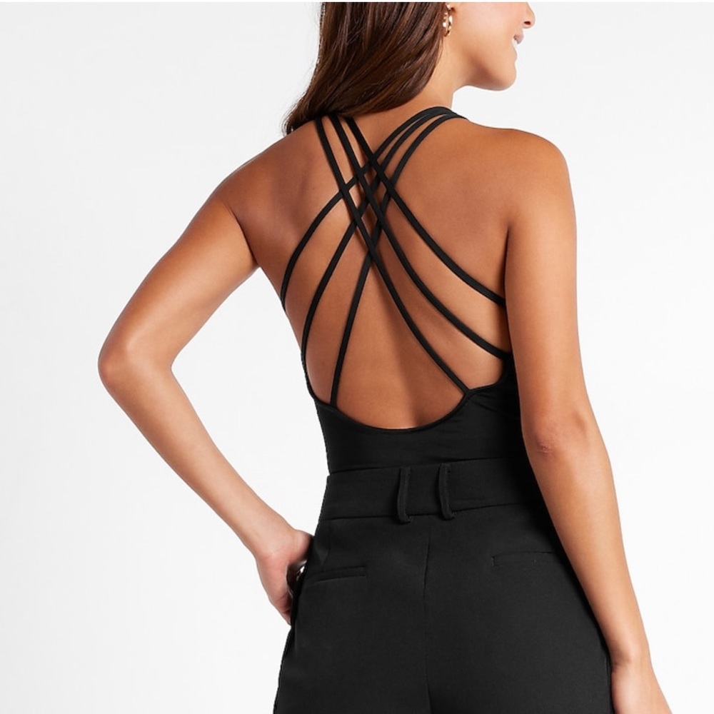 NWT Express Body Contour High Neck Strappy Back Black Bodysuit